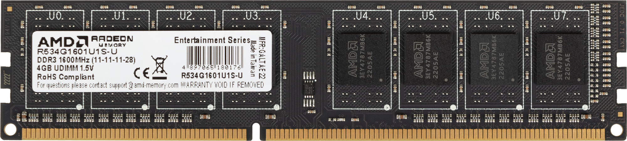 Память DDR3 4GB 1600MHz AMD R534G1601U1S-U RTL PC3-12800 CL11 DIMM 240-pin 1.5В Ret
