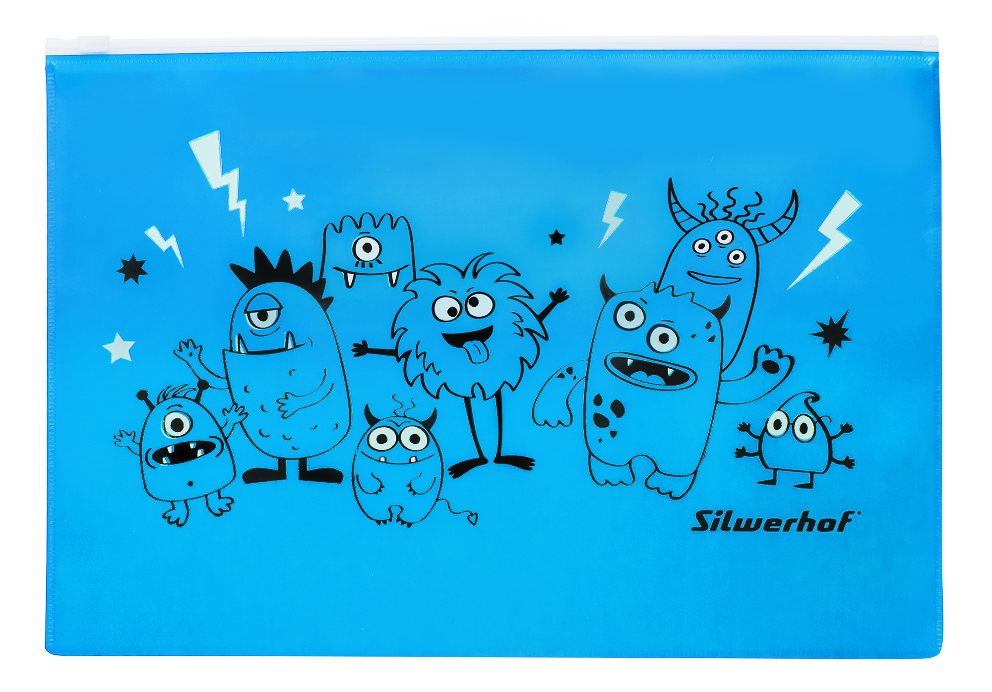 Папка на молнии ZIP Silwerhof Monsters 255191 A4 пластик голубой цвет молнии белый