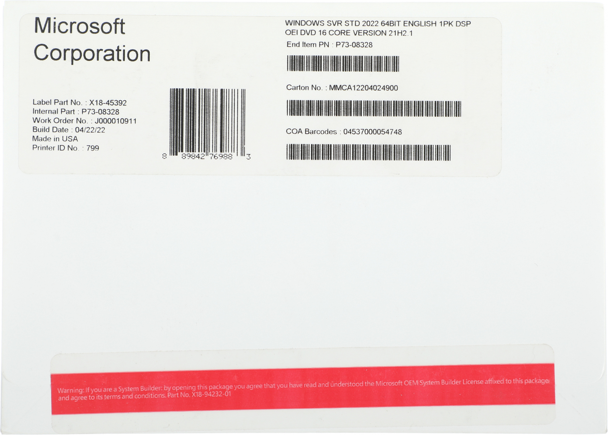 Операционная система Microsoft Windows Server Standard 2022 64Bit Eng 1pk DSP OEI DVD 16 Core