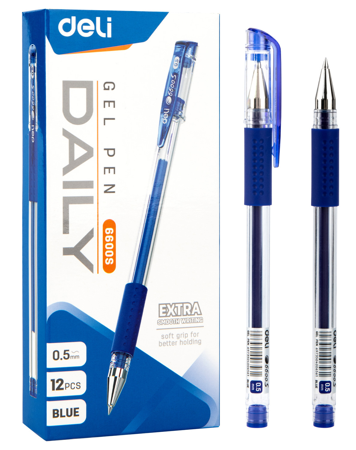 Ручка гелев. Deli Daily E6600SBlue прозрачный d=0.5мм син. черн. резин. манжета
