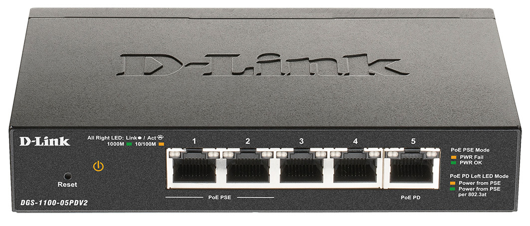 Коммутатор D-Link DGS-1100-05PDV2 5x1Гбит/с 2PoE 18W настраиваемый