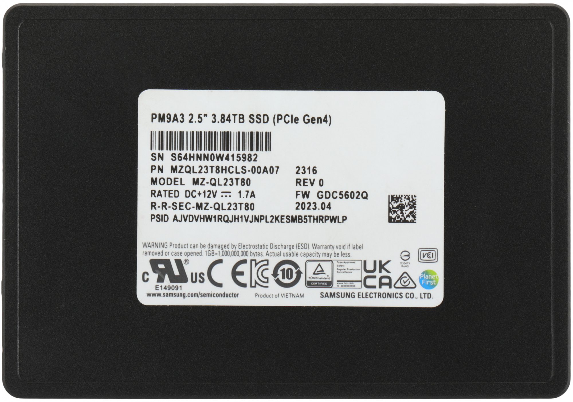 Накопитель SSD Samsung PCIe 4.0 x4 3.84TB MZQL23T8HCLS-00A07 PM9A3 2.5" 1 DWPD OEM