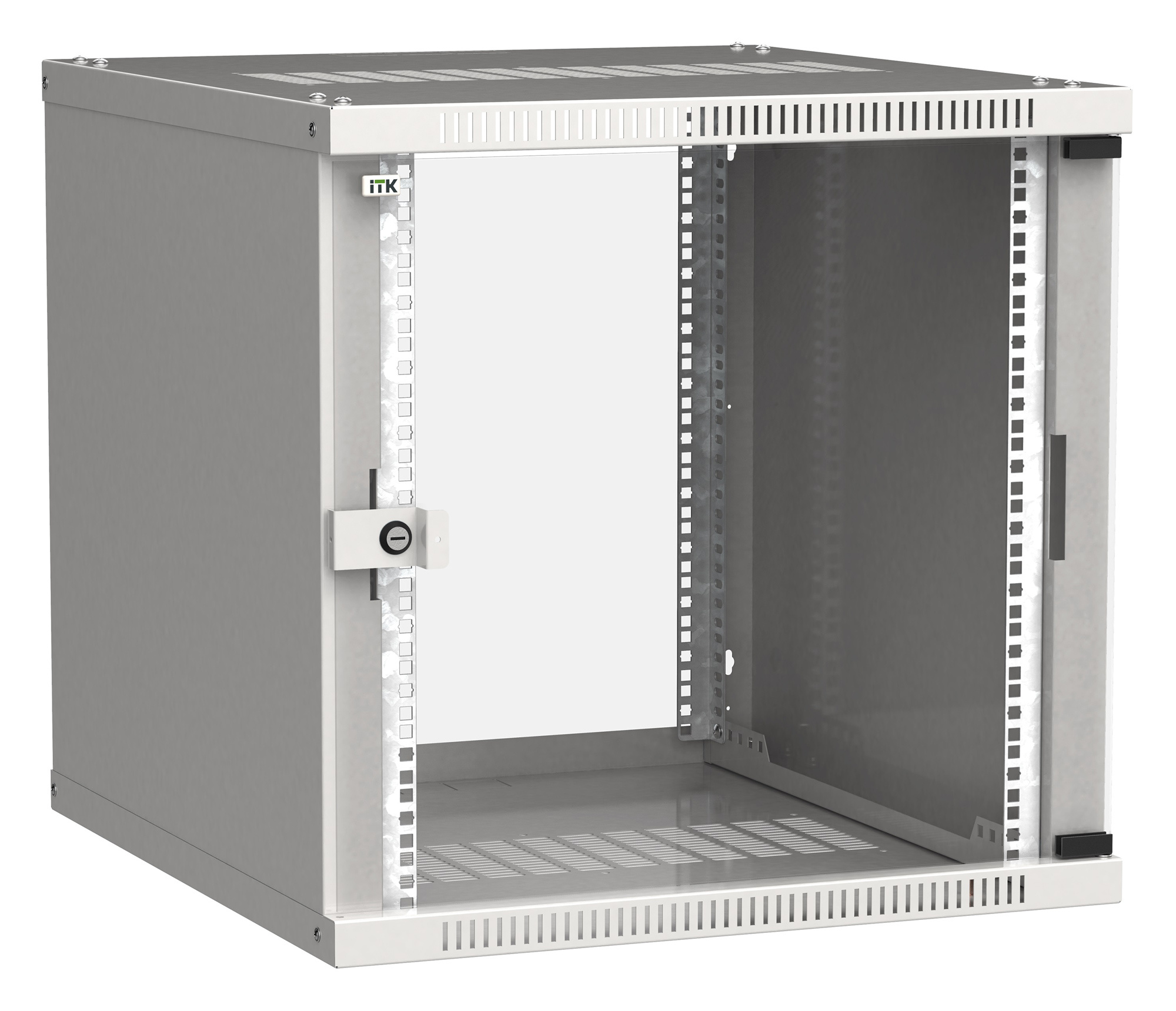 Шкаф коммутационный ITK Linea WE (LWE3-09U64-GF) настенный 9U 600x450мм пер.дв.стекл направл.под закл.гайки 50кг серый 400мм 200град. 450мм IP20 сталь
