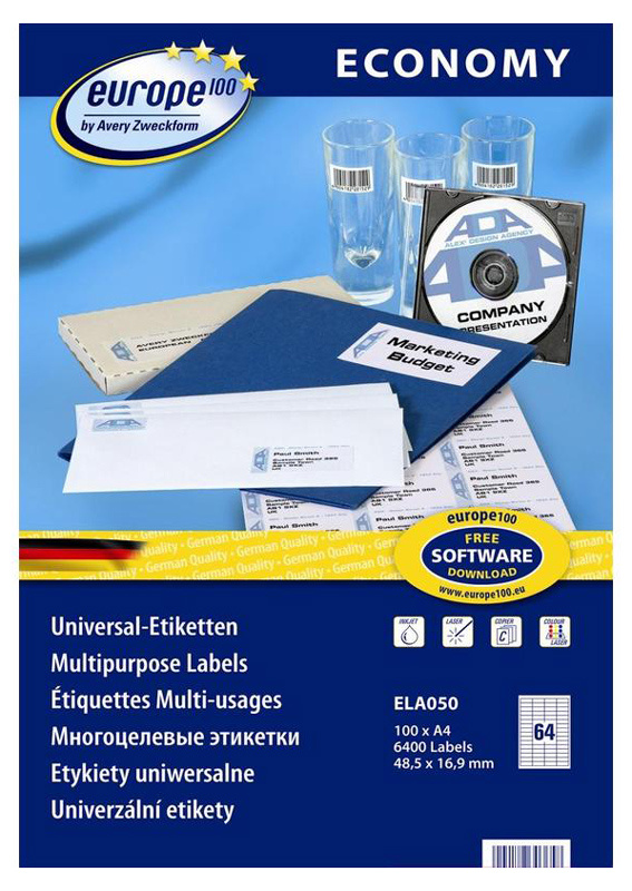 Этикетки Europe100 ELA050-100 A4 48.5x16.9мм 64шт на листе/70г/м2/100л./белый матовое самоклей. универсальная