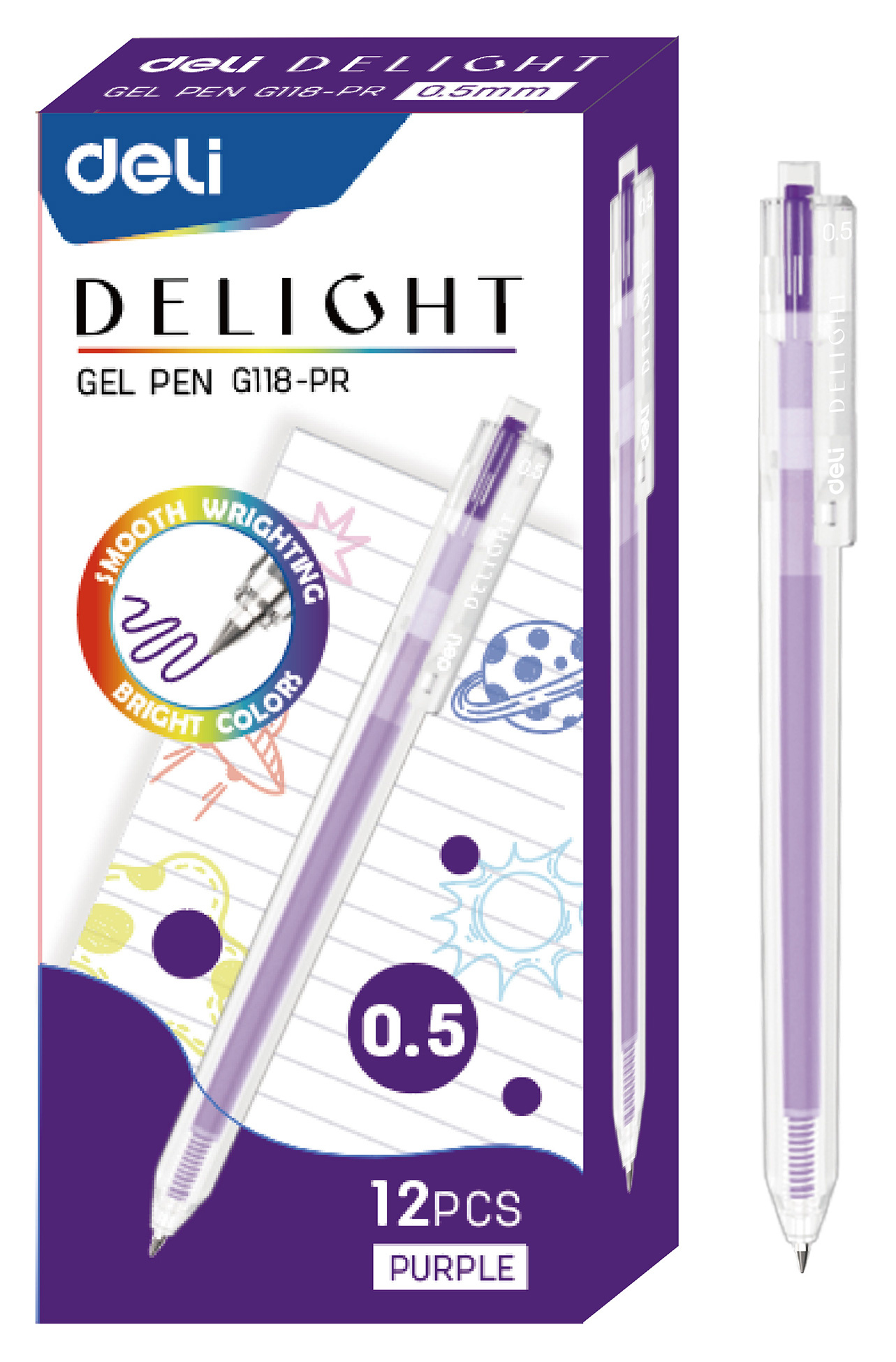 Ручка гелев. Deli Delight EG118-PR прозрачный фиол. черн. линия 0.5мм