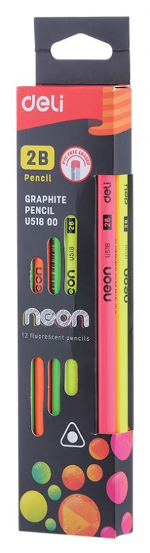 Карандаш ч/г Deli Neon EU51800 2B трехгран. тополь карт.кор. (12шт) ластик