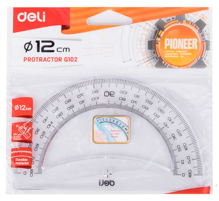 Транспортир Deli Pioneer EG10212 пластик дл.12см прозрачный градуировка УФ чернила европодвес