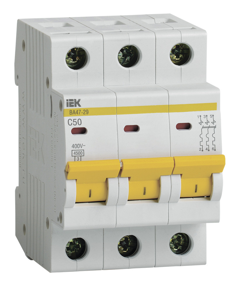 Выключатель автоматический IEK MVA20-3-050-C ВА47-29 50A тип C 4.5kA 3П 400В 3мод белый (упак.:1шт)