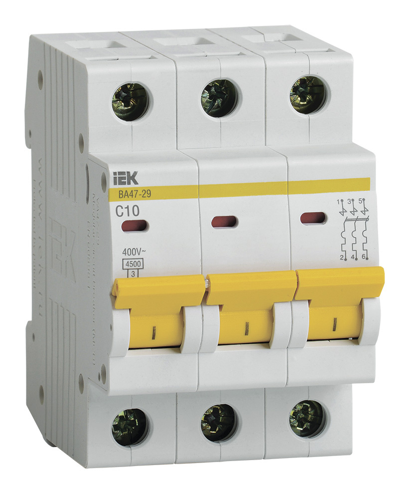 Выключатель автоматический IEK MVA20-3-010-C ВА47-29 10A тип C 4.5kA 3П 400В 3мод белый (упак.:1шт)