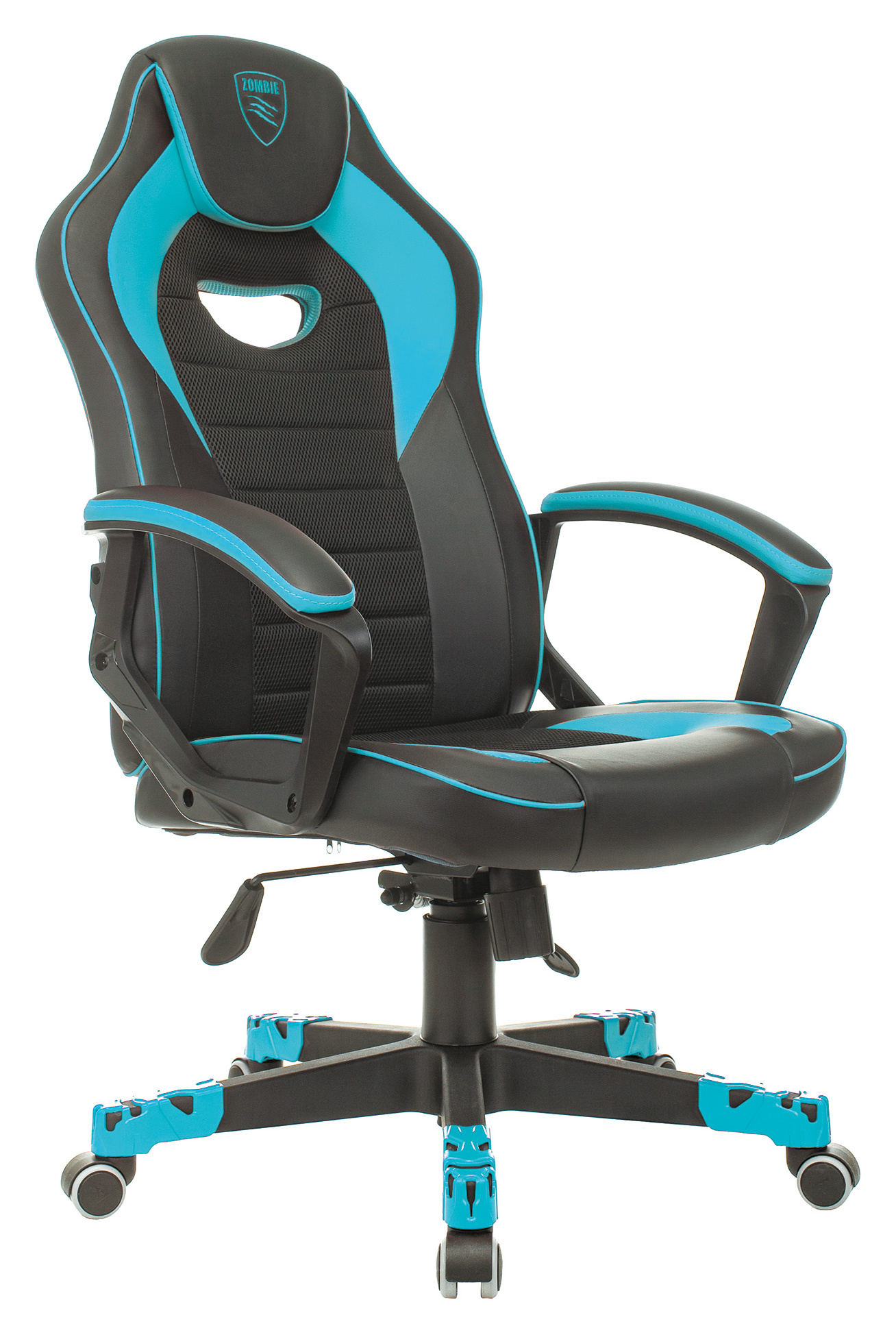 Кресло игровое Zombie GAME 16 черный/голубой эко.кожа/ткань крестов. пластик