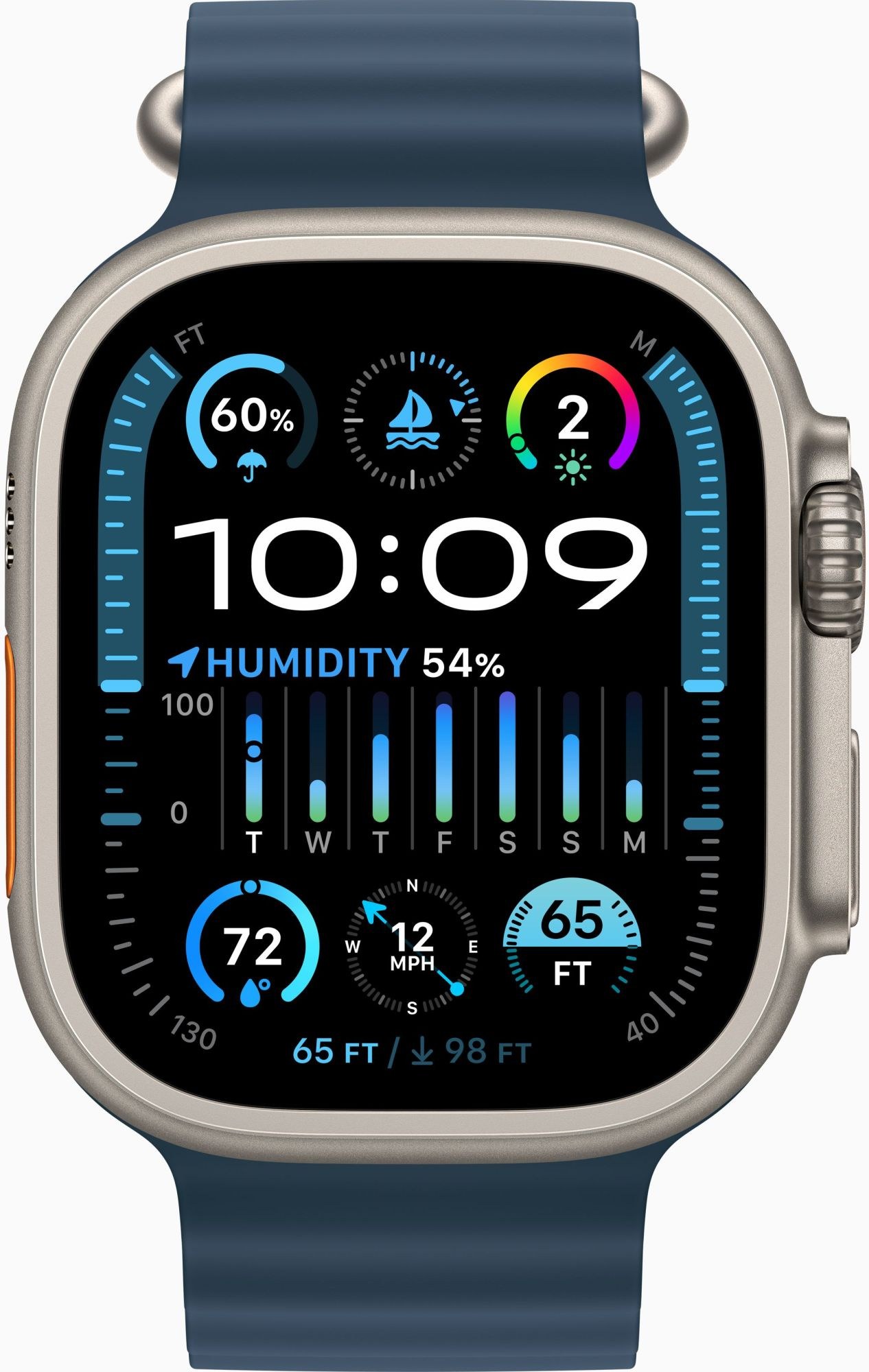 Смарт-часы Apple Watch Ultra 2 A2986 49мм OLED корп.титан Ocean band рем.синий разм.брасл.:130-200мм (MREG3LL/A)