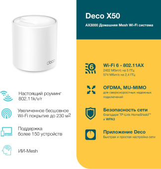 Бесшовный Mesh роутер TP-Link Deco X50(1-Pack) AX3000 10/100/1000BASE-TX белый (упак.:1шт) - купить недорого с доставкой в интернет-магазине