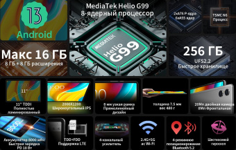 Планшет Teclast T50 Pro Helio G99 (2.0) 8C RAM8Gb ROM256Gb 10.95" IPS 2000x1200 3G 4G Android 13 серый 20Mpix 8Mpix BT GPS WiFi Touch microSD 256Gb 8000mAh - купить недорого с доставкой в интернет-магазине