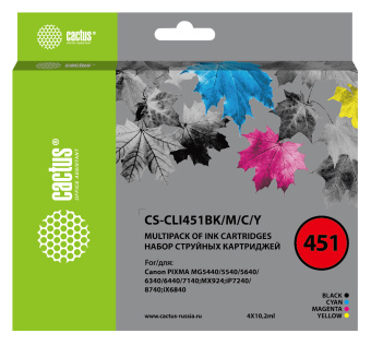 Картридж струйный Cactus CS-CLI451BK/M/C/Y черный/голубой/желтый/пурпурный набор (40.8мл) для Canon MG6340/5440/IP7240 - купить недорого с доставкой в интернет-магазине