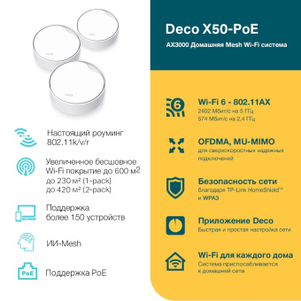Бесшовный Mesh роутер TP-Link Deco X50-PoE(3-pack) AX3000 1000/2500BASE-T белый (упак.:3шт) - купить недорого с доставкой в интернет-магазине