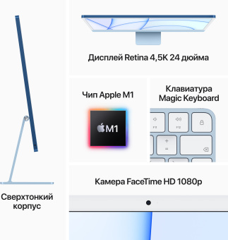 Моноблок Apple iMac A2439 24" 4.5K M1 8 core (3.2) 8Gb SSD256Gb 7 core GPU macOS WiFi BT клавиатура мышь Cam синий 4480x2520 - купить недорого с доставкой в интернет-магазине