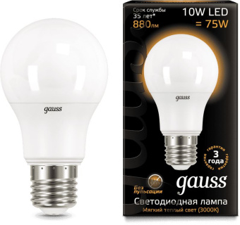 Лампа светодиодная Gauss A60 10Вт цок.:E27 груша 220B 3000K св.свеч.бел.теп. A60 (упак.:1шт) (102502110) - купить недорого с доставкой в интернет-магазине