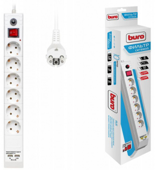 Сетевой фильтр Buro BU-SP1.8_USB_2A-W 1.8м (6 розеток) белый (коробка) - купить недорого с доставкой в интернет-магазине