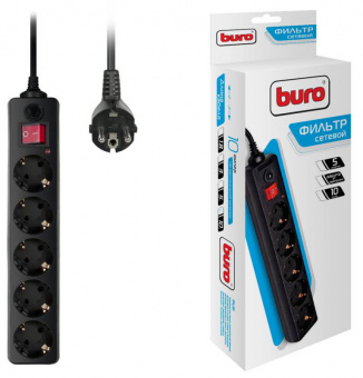 Сетевой фильтр Buro 500SH-10-B 10м (5 розеток) черный (коробка) - купить недорого с доставкой в интернет-магазине