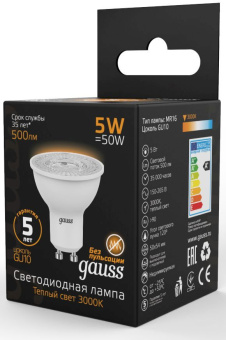 Лампа светодиодная Gauss Black 5Вт цок.:GU10 рефлектор 220B 3000K св.свеч.бел.теп. MR16 (упак.:10шт) (101506105) - купить недорого с доставкой в интернет-магазине