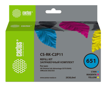 Заправочный набор Cactus CS-RK-C2P11 №651 голубой/пурпурный/желтый 3x30мл для HP DJ 5575/5645 - купить недорого с доставкой в интернет-магазине