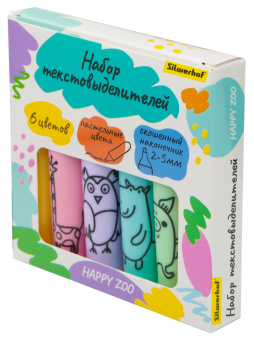 Набор текстовыделителей Silwerhof Happy Zoo 2-5мм тонкий 6цв. ассорти коробка с европодвесом - купить недорого с доставкой в интернет-магазине