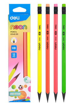 Набор карандашей ч/г Deli EU54600 Neon HB трехгран. пластик ассорти кор.европод. (12шт) ластик - купить недорого с доставкой в интернет-магазине