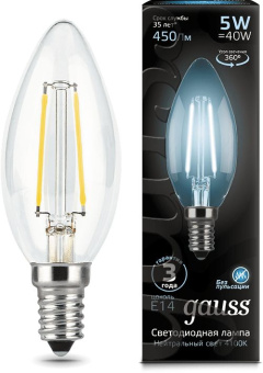 Лампа филам. Gauss Filament 5Вт цок.:E14 свеча 220B 4100K св.свеч.бел.нейт. (упак.:1шт) (103801205) - купить недорого с доставкой в интернет-магазине
