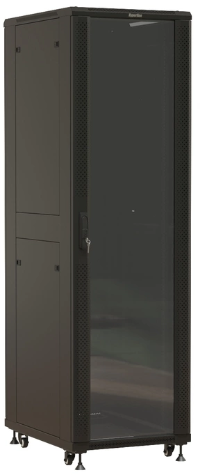 Шкаф серверный Hyperline (TTBR-4261-AS-RAL9004) напольный 42U 600x1000мм пер.дв.стекл задн.дв.спл.стал.лист 2 бок.пан. 800кг черный 910мм 2055мм IP20 сталь