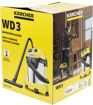 Строительный пылесос Karcher WD 3 P S V-17/4/20 1000Вт (уборка: сухая/сбор воды) желтый - купить недорого с доставкой в интернет-магазине