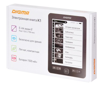 Электронная книга Digma K1 6" E-ink HD Pearl 758x1024 600MHz 128Mb/4Gb/SD/microSDHC темно-серый - купить недорого с доставкой в интернет-магазине