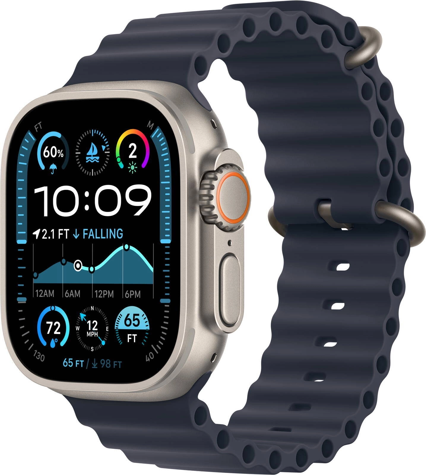 Смарт-часы Apple Watch Ultra 2 2024 A2986 49мм OLED корп.титан Ocean band рем.синий разм.брасл.:130-200мм (MX4D3FD/A)