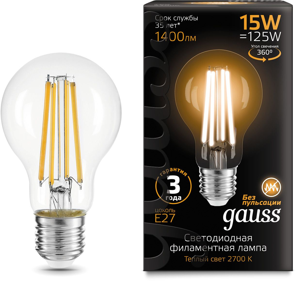 Лампа светодиодная Gauss Filament 102902115 15Вт цок.:E27 груша 220B св.свеч.бел.теп. (упак.:1шт)