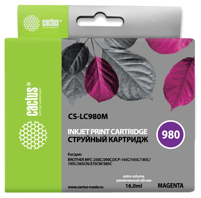Картридж струйный Cactus CS-LC980M пурпурный (16мл) для Brother DCP-145C/165C/MFC-250C/290C с чипом
