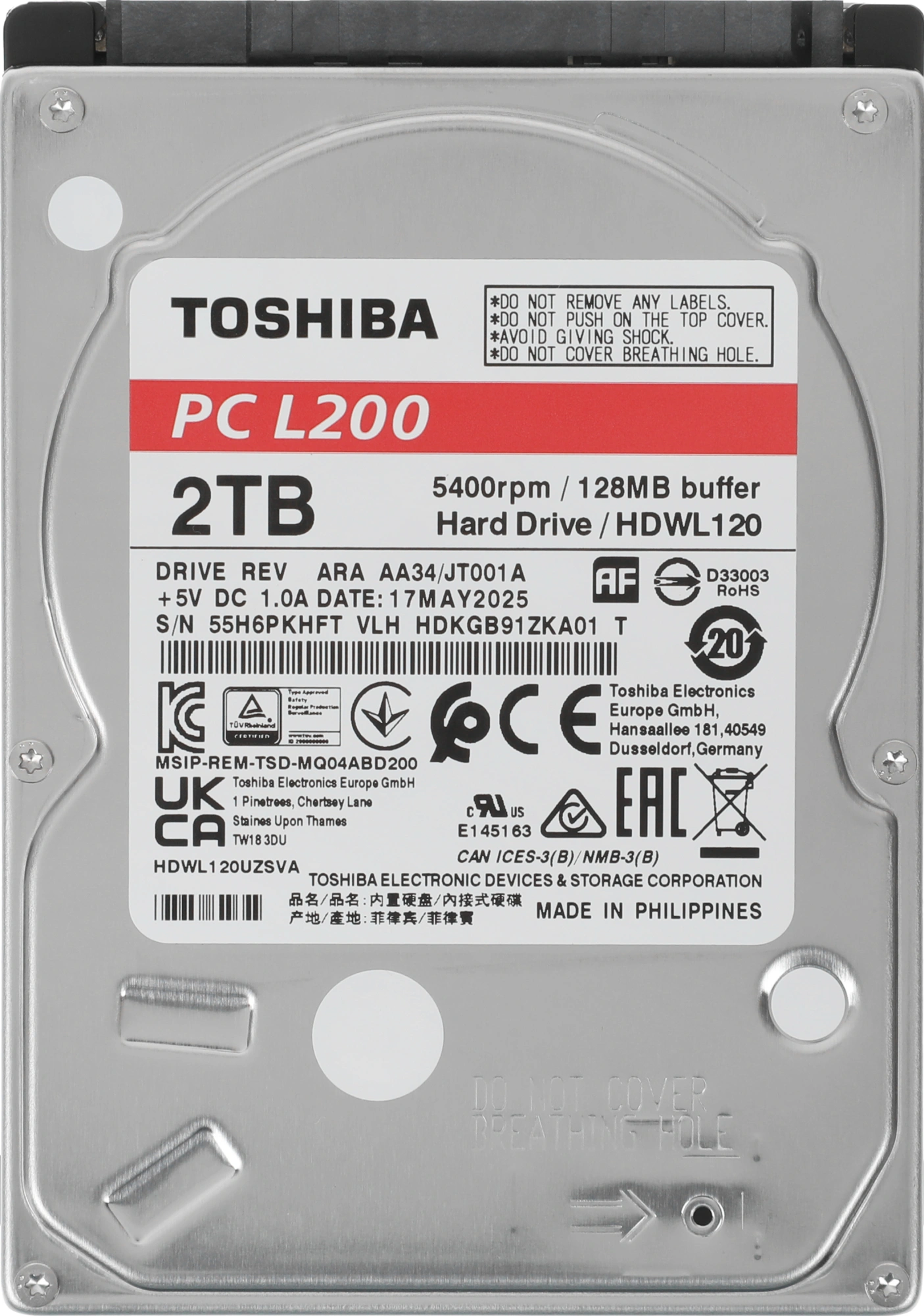 Жесткий диск Toshiba SATA-III 2TB HDWL120UZSVA Notebook L200 (5400rpm) 128Mb 2.5"