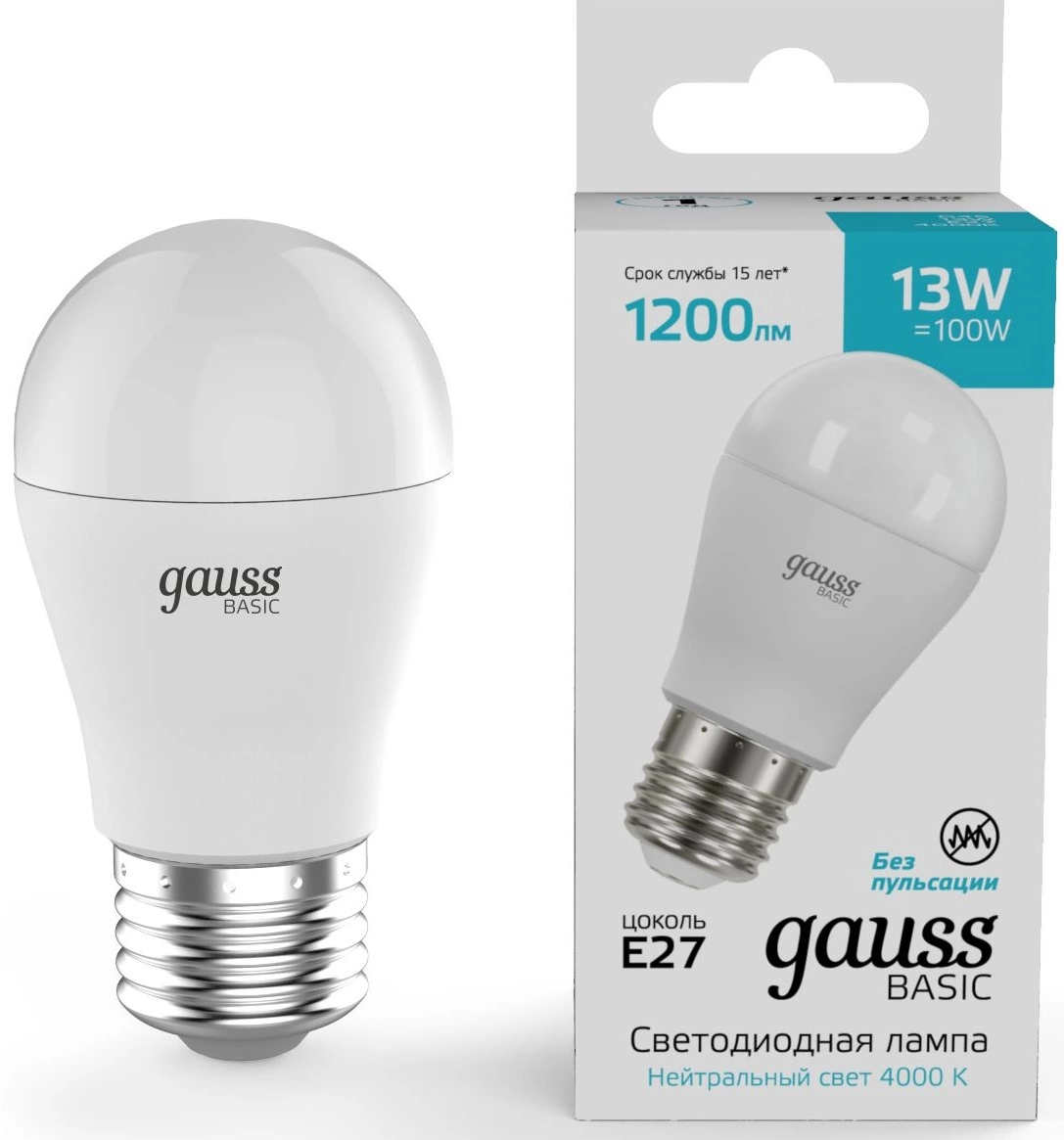 Лампа светодиодная Gauss Basic 10502232 13Вт цок.:E27 шар 220B св.свеч.бел.нейт. (упак.:1шт)