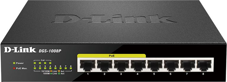 Коммутатор D-Link DGS-1008P/F1A 8x1Гбит/с 4PoE 80W неуправляемый