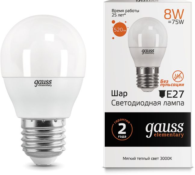 Лампа светодиодная Gauss Elementary 8Вт цок.:E27 шар 220B св.свеч.бел.теп. (упак.:1шт) (53218)