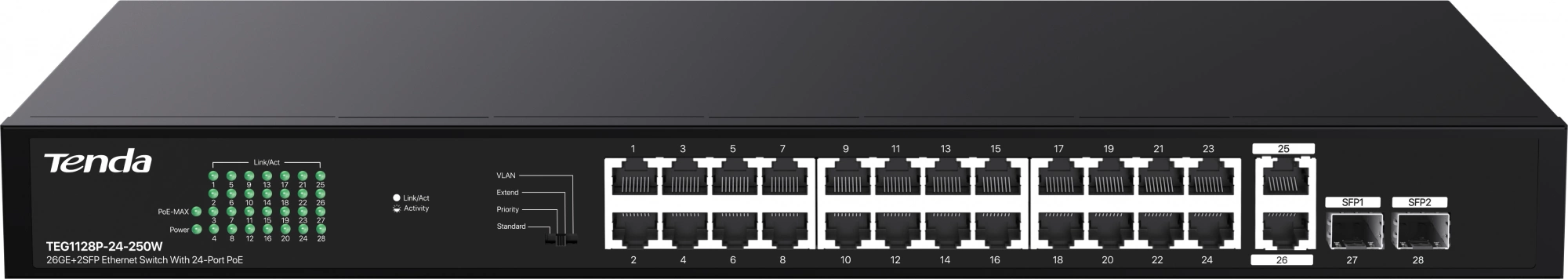 Коммутатор Tenda TEG1128P-24-250W (L2) 26x1Гбит/с 2SFP 24PoE 230W неуправляемый