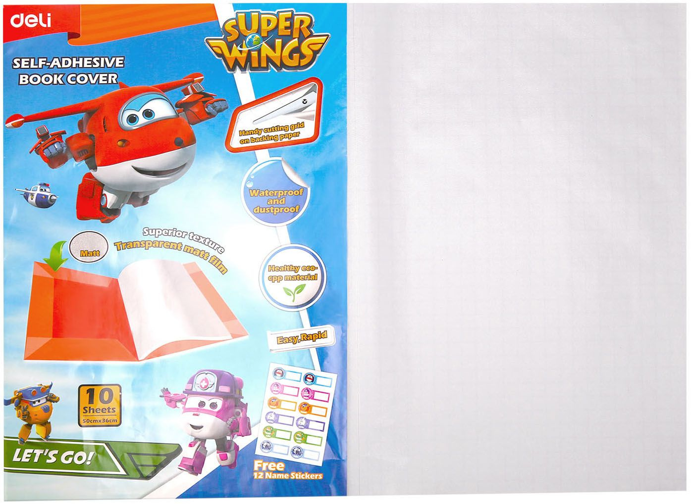 Пленка Deli EZ75112 Super Wings для книги с липк.сл. (набор 10шт) ПП гладкая прозр. 500х360мм