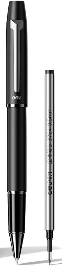 Ручка роллер автоматическая Deli (S153 BLACK) черн d=0.5мм черн. черн. в компл.:стержень с черными чернилами подар.кор. (1шт) сменный стержень 1стерж. пулевидный пиш. наконечник линия 0.5мм эрг.зона обх. серебристый