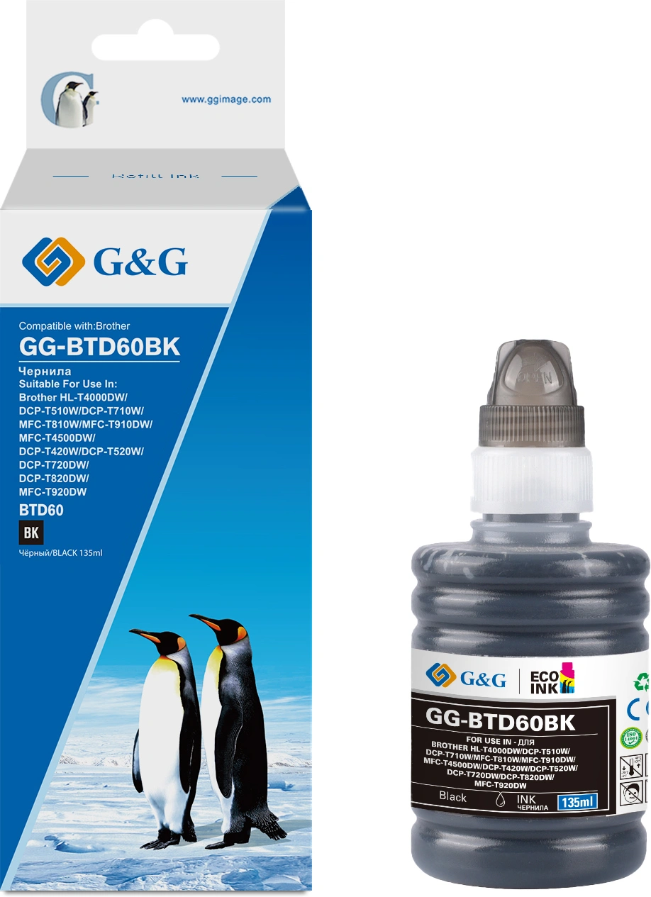 Чернила G&G GG-BTD60BK черный135мл для Brother HL-T4000DW, DCP-T510W, DCP-T710W, MFC-T810W, MFC-T910DW, MFC-T4500DW, DCP-T420W, DCP-T520W, DCP-T720DW, DCP-T820DW, MFC-T920DW