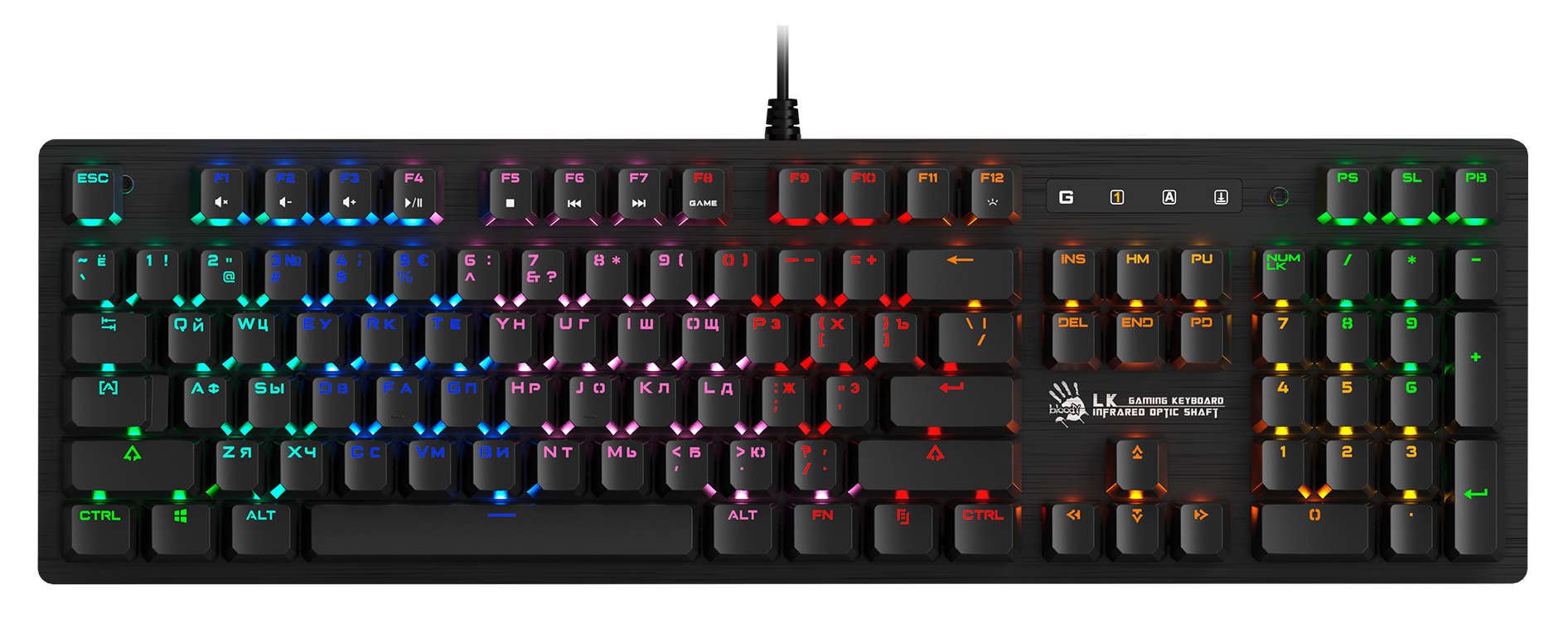 Клавиатура A4Tech B820R механическая черный USB for gamer LED (B820R BLACK (BLUE SWITCH)) кабель 1.8м