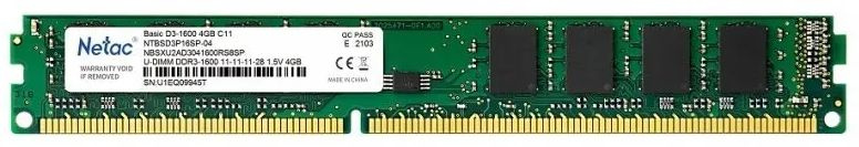 Память DDR3 4GB 1600MHz Netac NTBSD3P16SP-04 Basic RTL PC3-12800 CL11 DIMM 240-pin 1.5В Ret