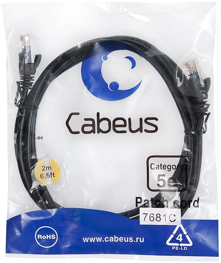 Патч-корд Cabeus PC-UTP-RJ45-CAT.5E-2M-BK U/UTP RJ-45 вил.-вилка RJ-45 кат.5E 2м черный ПВХ