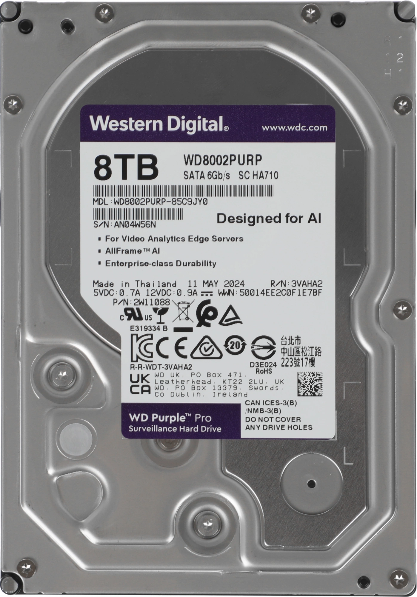 Жесткий диск WD SATA-III 8TB WD8002PURP Surveillance Purple Pro (7200rpm) 256Mb 3.5"