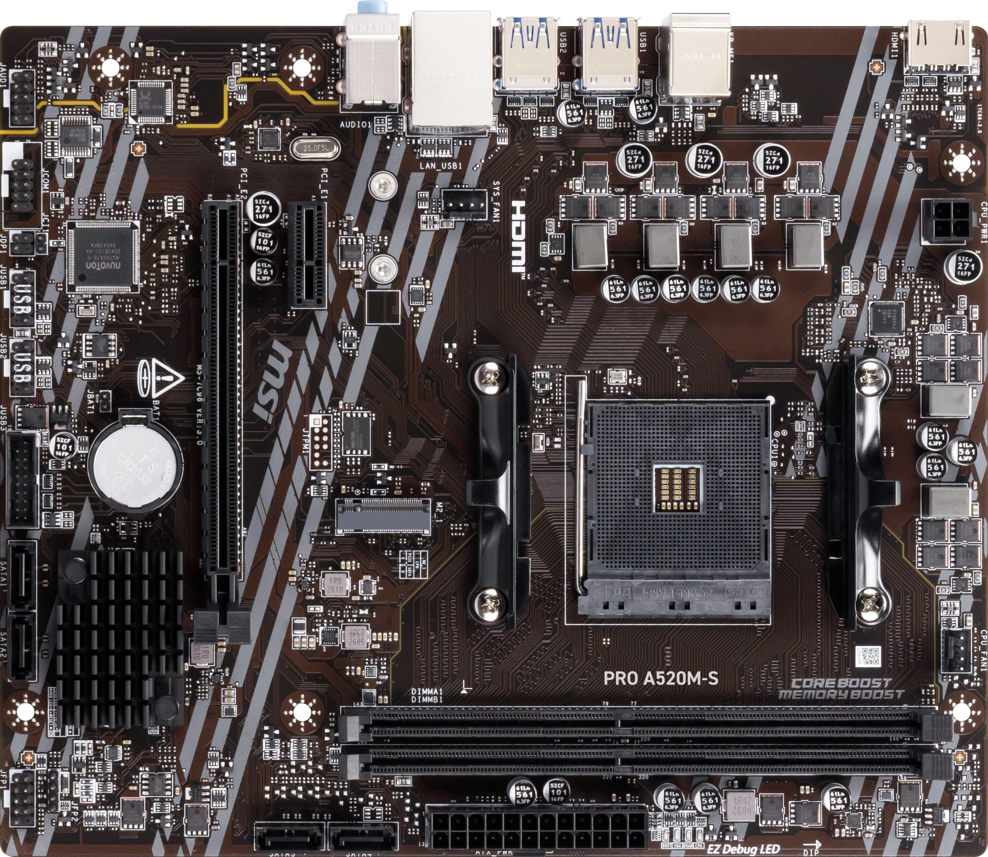 Материнская плата MSI PRO A520M-S Soc-AM4 AMD A520 2xDDR4 mATX AC`97 8ch(7.1) GbLAN RAID+HDMI