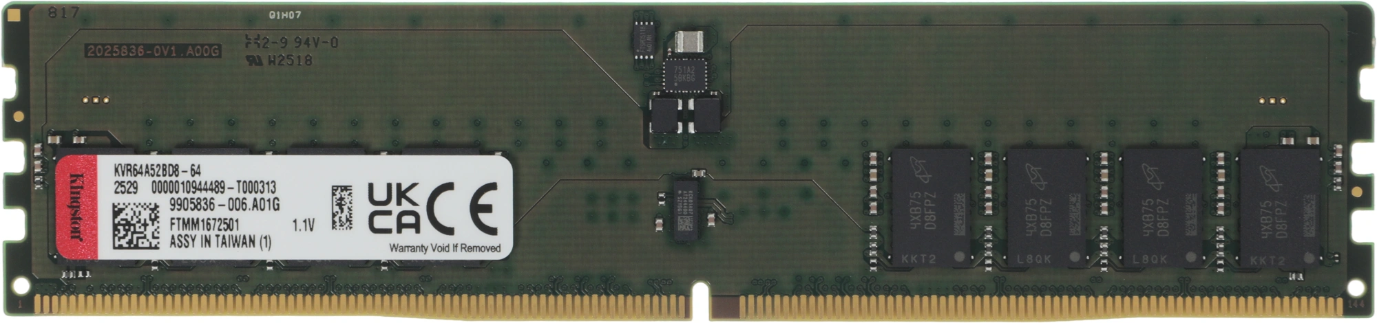 Память DDR5 64GB 6400MHz Kingston KVR64A52BD8-64 Valueram RTL PC5-51200 CL52 DIMM 288-pin 1.1В dual rank Ret