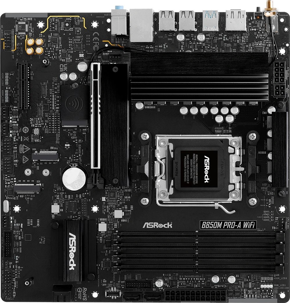 Материнская плата Asrock B850M PRO-A WIFI Socket AM5 AMD B850 4xDDR5 mATX AC`97 8ch(7.1) 2.5Gg RAID+HDMI+DP
