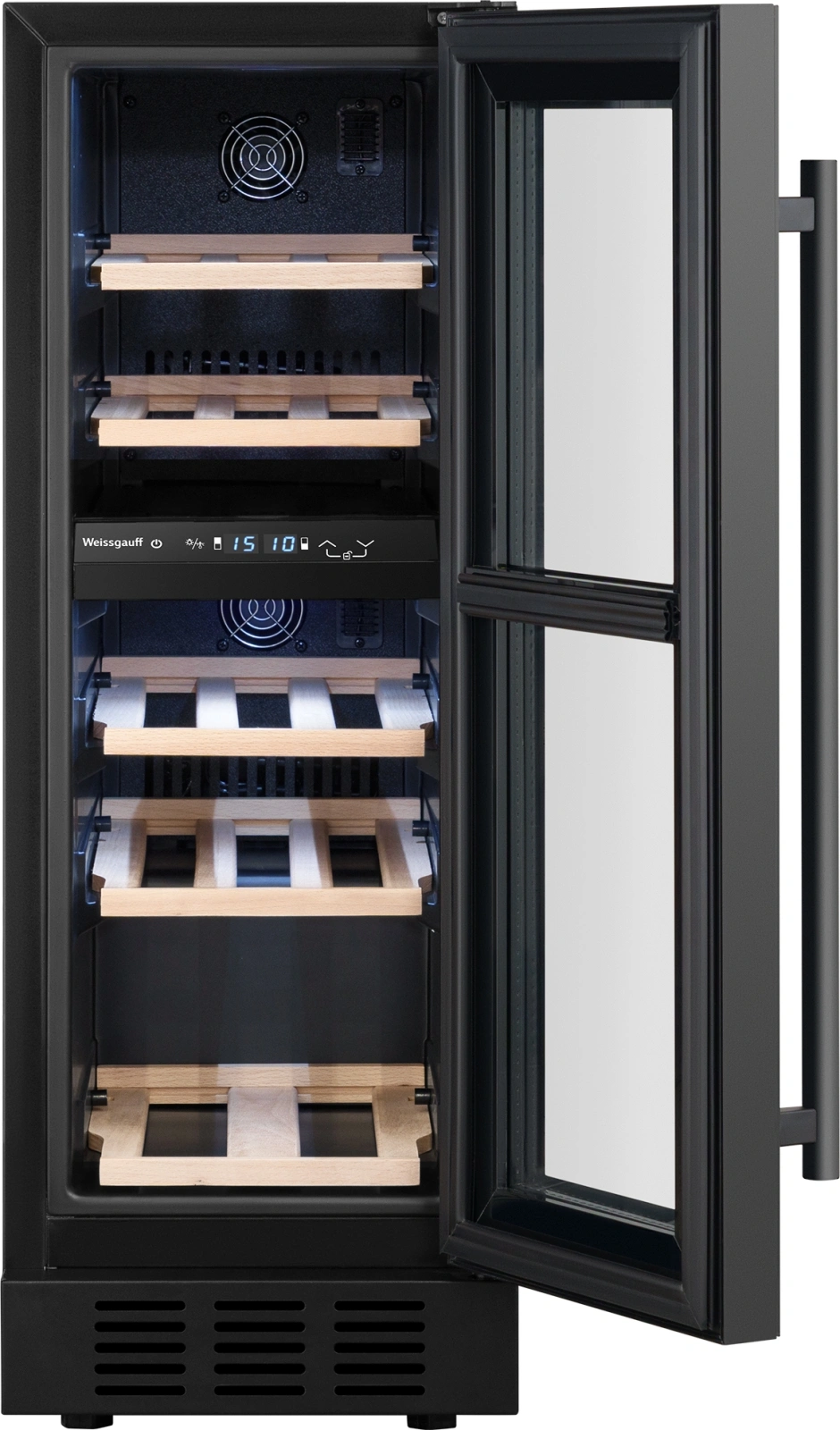 Винный шкаф Weissgauff WWCI-16 DB DualZone 1-нокамерн. черный глянц. (438723)